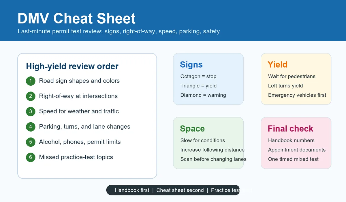 DMV cheat sheet study guide with road signs right of way speed parking and final review checklist
