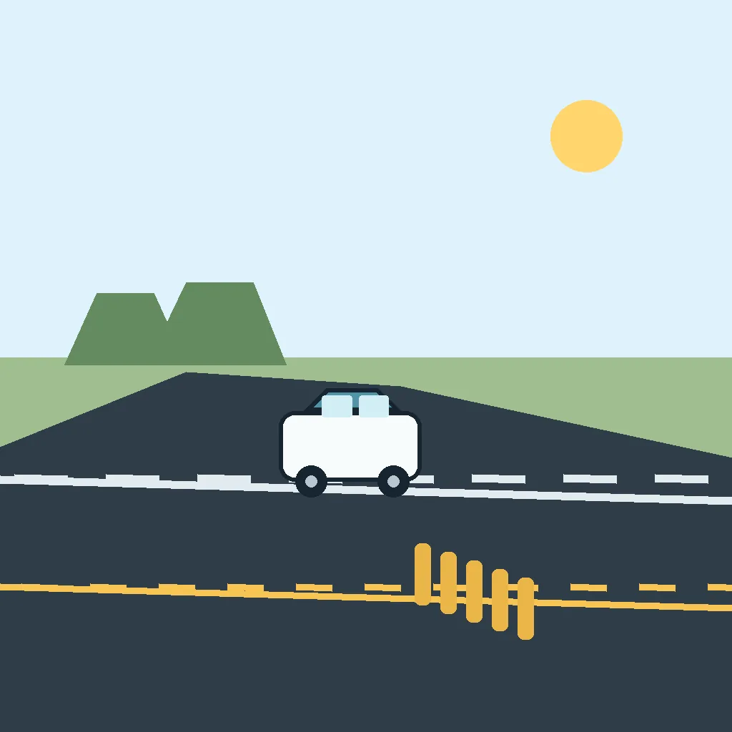 Milled shoulder rumble strips beside a two-lane road warning a driver near the edge of the lane